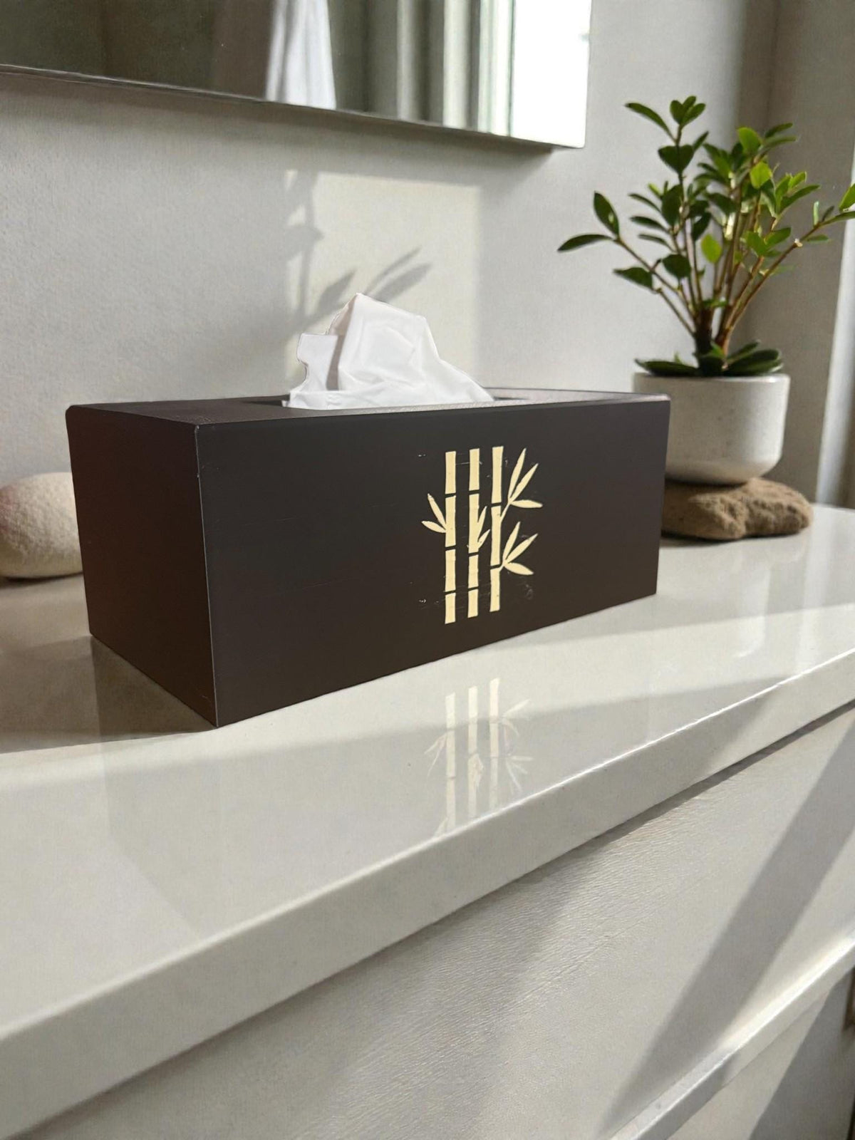 Bamboo Tissue Box Cover Black and Ivory, Modern Zen Tissue Holder, Rectangular Bathroom Decor, Japanese Style Gift