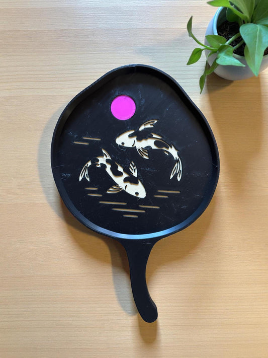 Japanese Lotus Leaf Koi Tray, Elegant Hand Paddle Tray, Zen Asian Home Decor, Black Gold Artisan Catchall, Peaceful Pond Design Gift