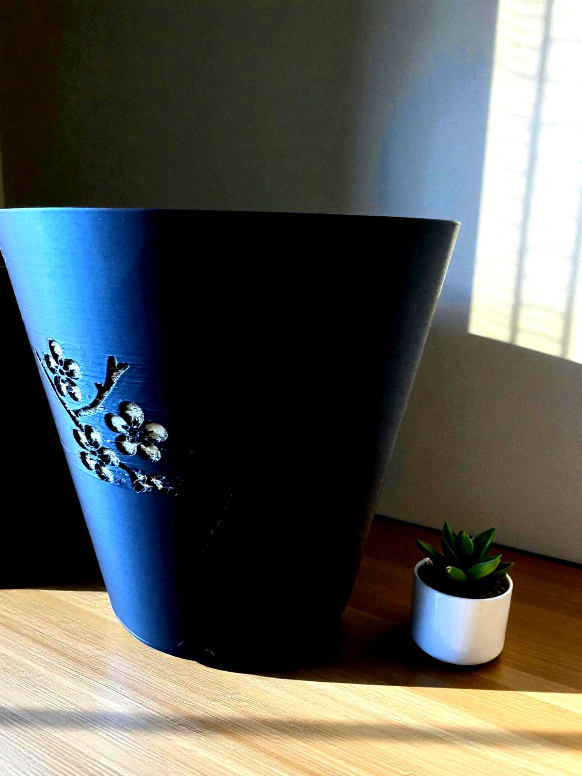 Japanese Cherry Blossom Tapered Cachepot Planter, Elegant Tapered Plant Pot for Indoor Plants, Black Zen Asian Home Decor, Fits Nursery Pots