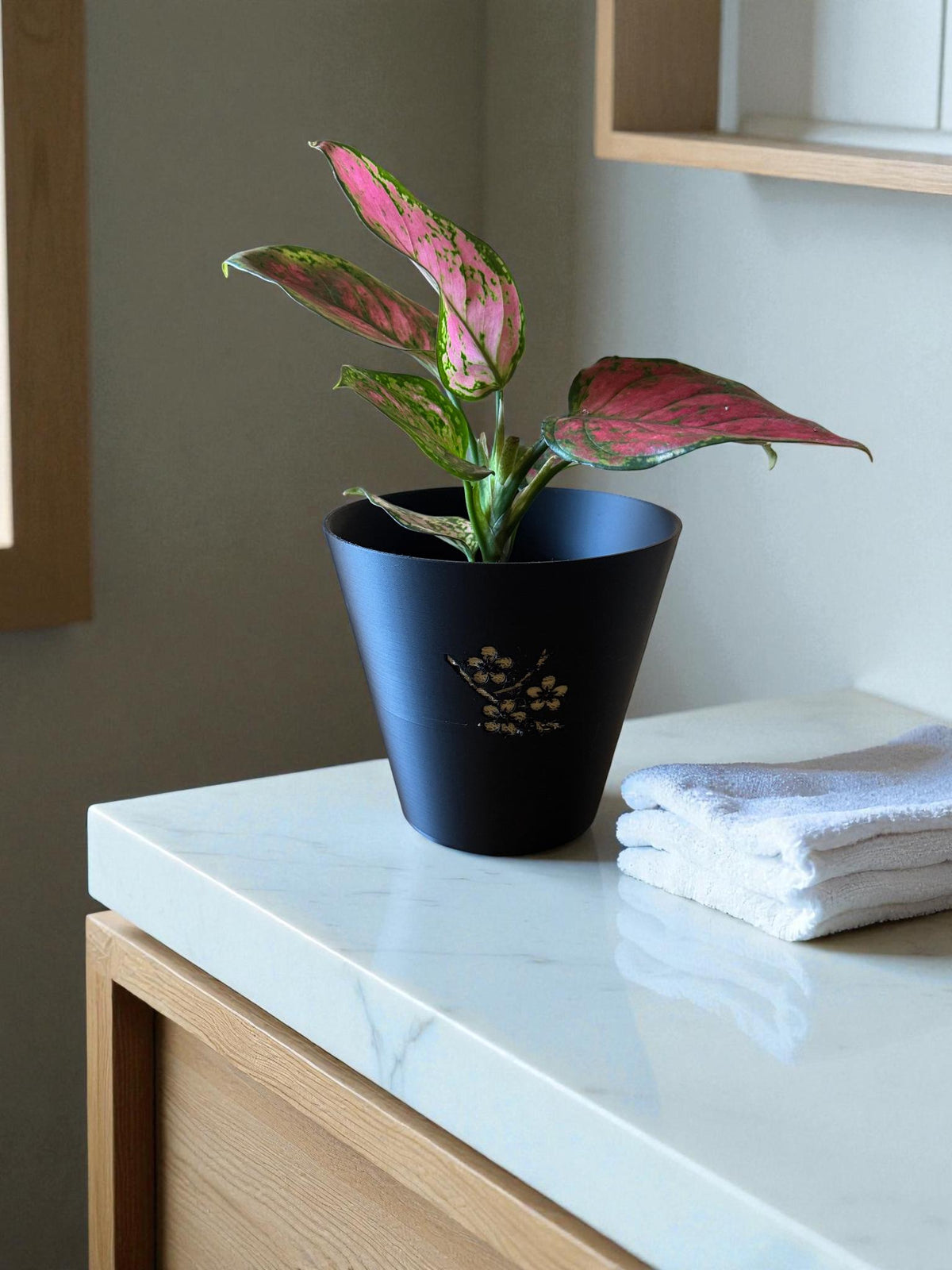 Japanese Cherry Blossom Tapered Cachepot Planter, Elegant Tapered Plant Pot for Indoor Plants, Black Zen Asian Home Decor, Fits Nursery Pots