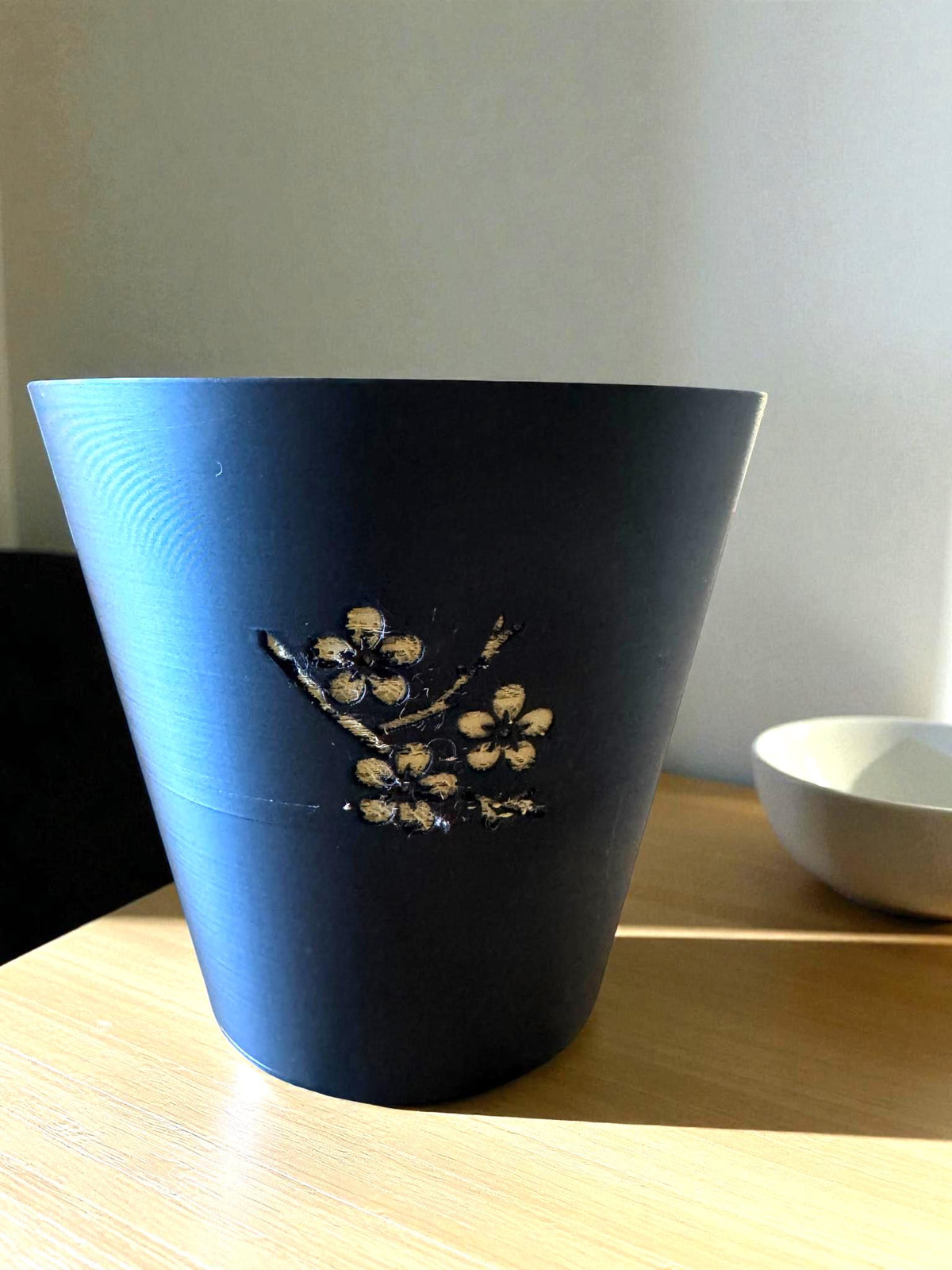 Japanese Cherry Blossom Tapered Cachepot Planter, Elegant Tapered Plant Pot for Indoor Plants, Black Zen Asian Home Decor, Fits Nursery Pots