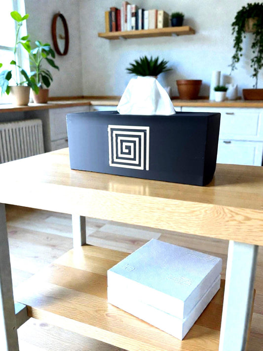 AZTEC Spiral ART DECO Rectangular Tissue Box Cover, Modern Bathroom Decor, Inspired by Ancient Americas art, Minimalist Vanity Gift Accent,