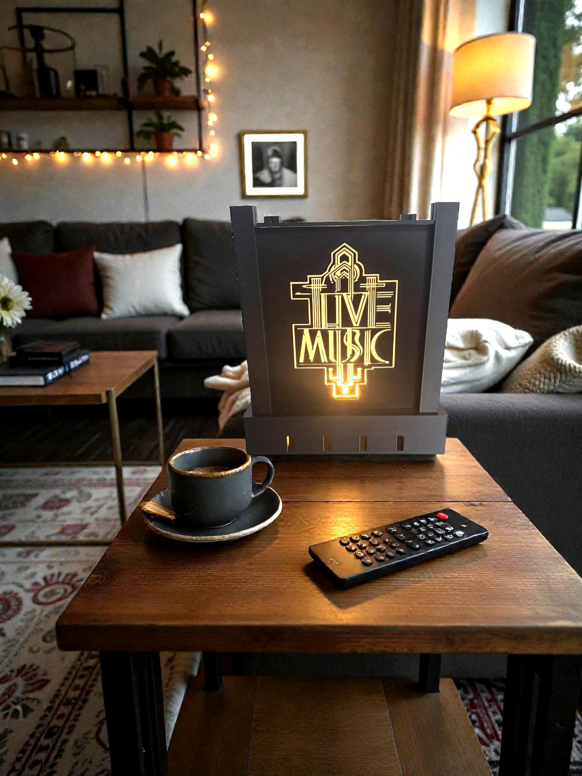 Art Deco LIVE MUSIC Lamp, Geometric Starburst Panels, After Hours Sign Light, Warm Neutral Cool LED, Home Bar Desk Nightstand Accent, Gift