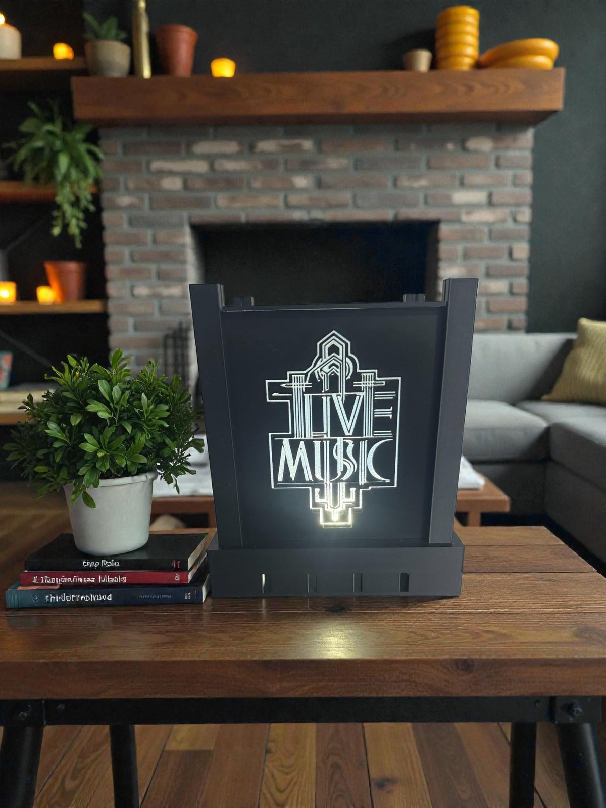 Art Deco LIVE MUSIC Lamp, Geometric Starburst Panels, After Hours Sign Light, Warm Neutral Cool LED, Home Bar Desk Nightstand Accent, Gift