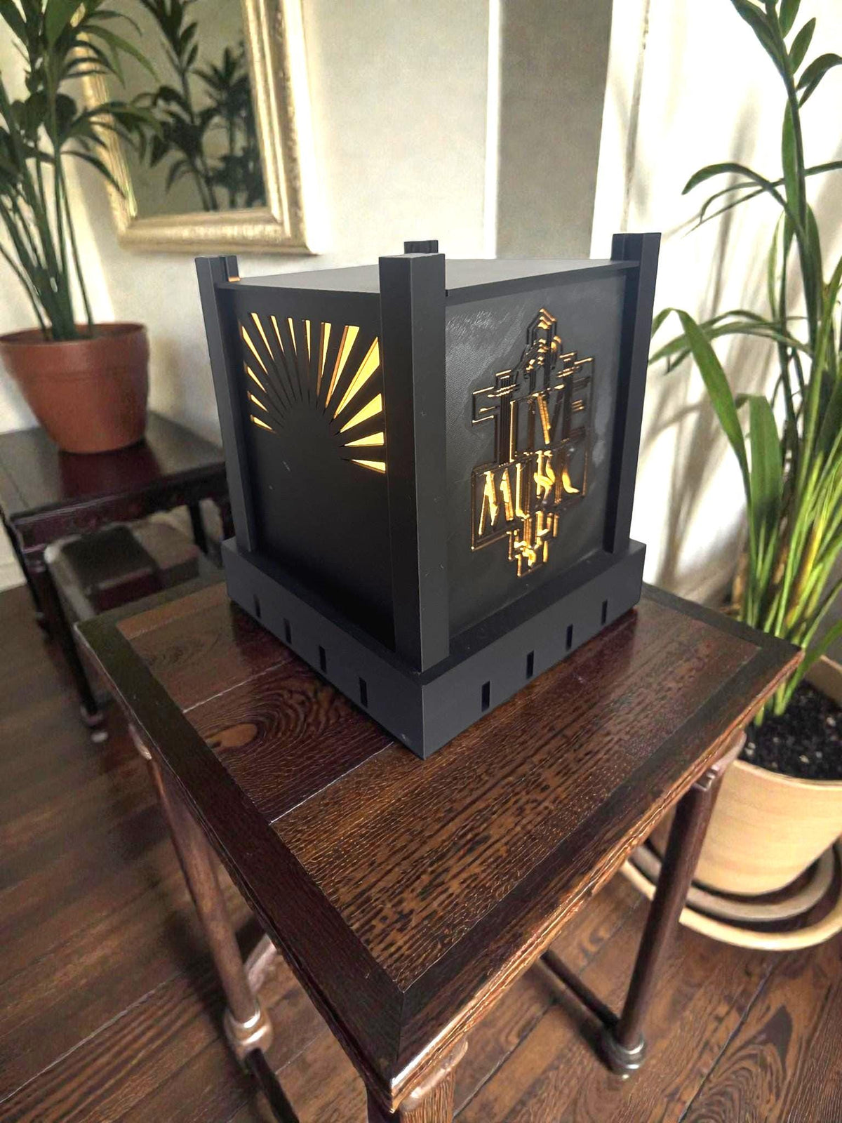 Art Deco LIVE MUSIC Lamp, Geometric Starburst Panels, After Hours Sign Light, Warm Neutral Cool LED, Home Bar Desk Nightstand Accent, Gift