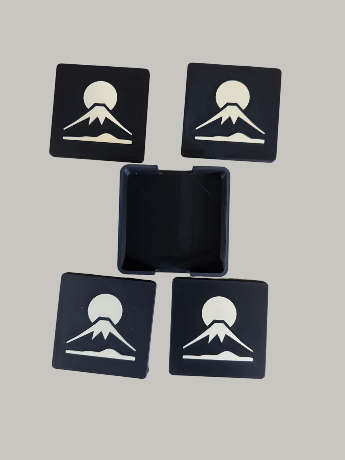 JAPAN FUJI COASTERS set with holder, black tan mountain sun drink bundle, Japanese home bar decor gift