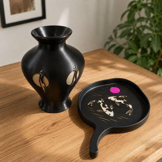 Japanese Elegance Pair | Geisha Moonlight Vase & Lotus Leaf Koi Tray | Zen Japandi Decor Gift
