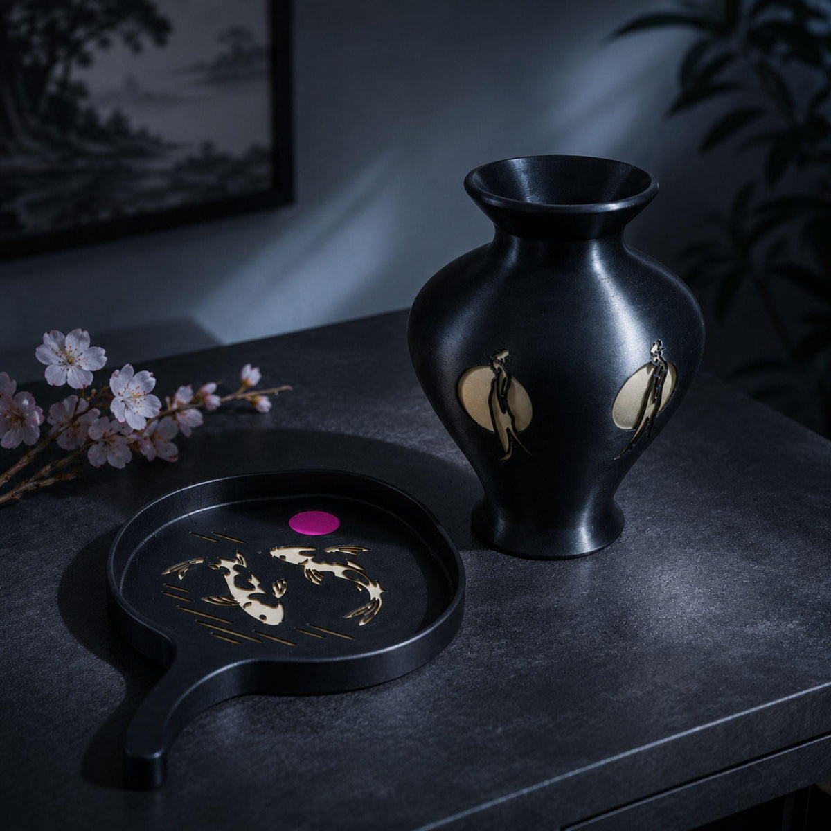 Japanese Elegance Pair | Geisha Moonlight Vase & Lotus Leaf Koi Tray | Zen Japandi Decor Gift