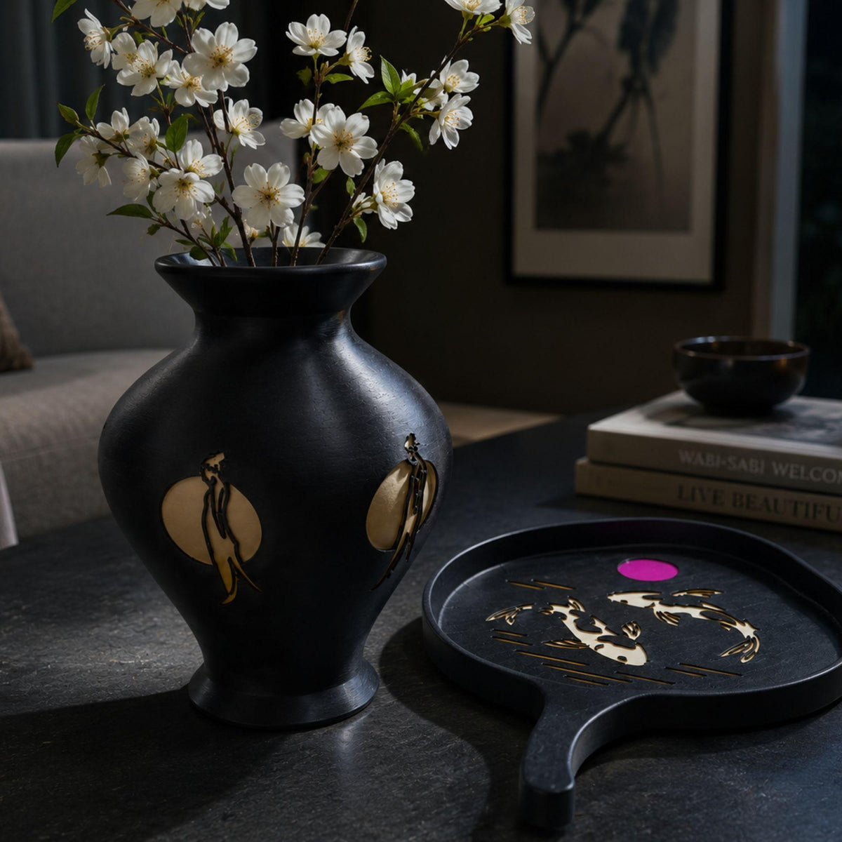 Japanese Elegance Pair | Geisha Moonlight Vase & Lotus Leaf Koi Tray | Zen Japandi Decor Gift