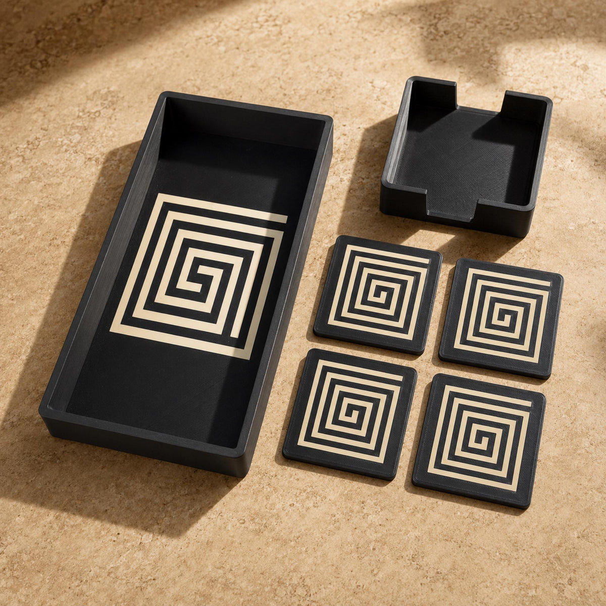 Mayan Labyrinth Accent Duo | Geometric Tray, Coaster Set & Holder | Mesoamerican Coffee Table Decor Gift