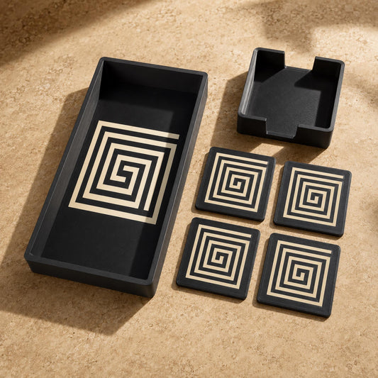 Mayan Labyrinth Accent Duo | Geometric Tray, Coaster Set & Holder | Mesoamerican Coffee Table Decor Gift