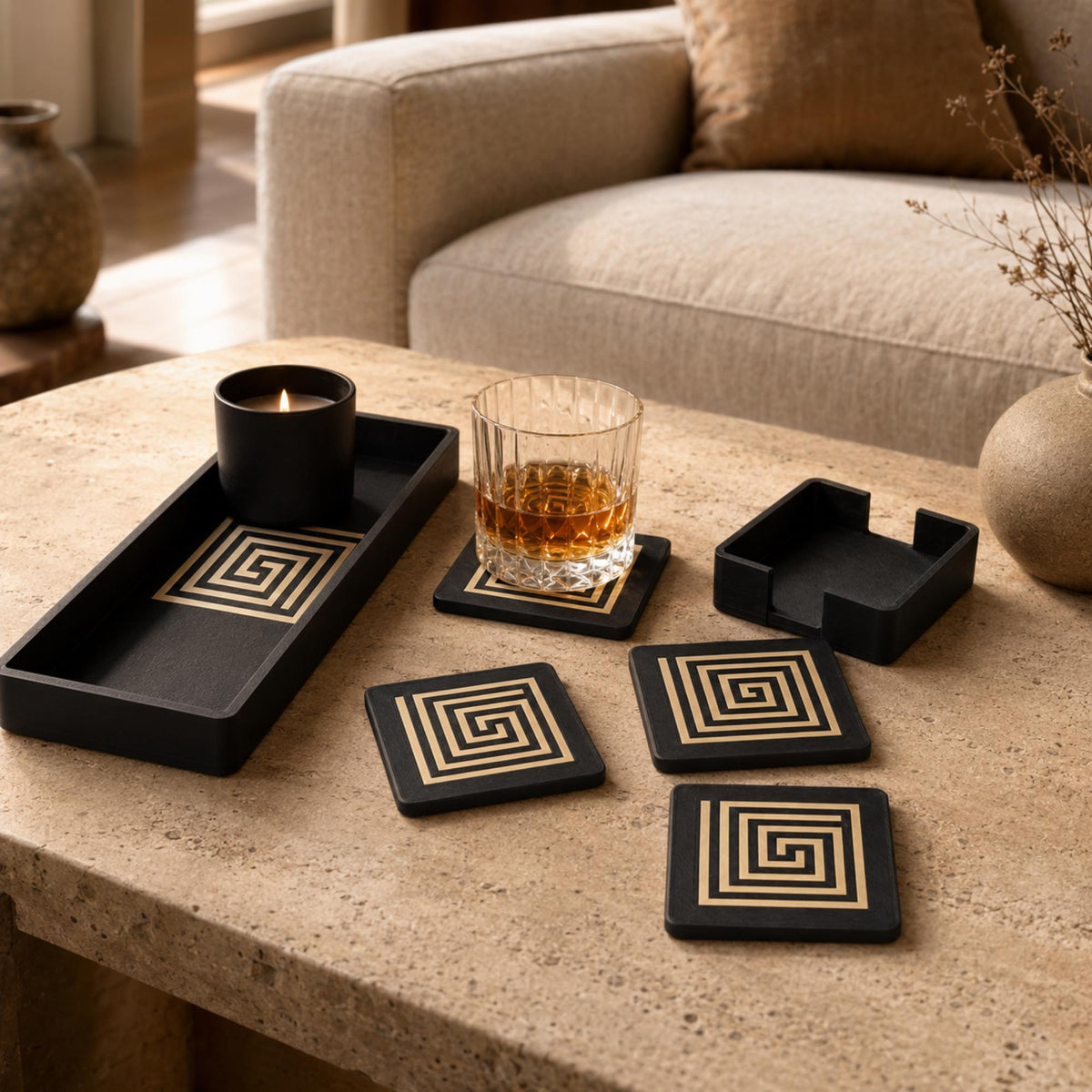 Mayan Labyrinth Accent Duo | Geometric Tray, Coaster Set & Holder | Mesoamerican Coffee Table Decor Gift
