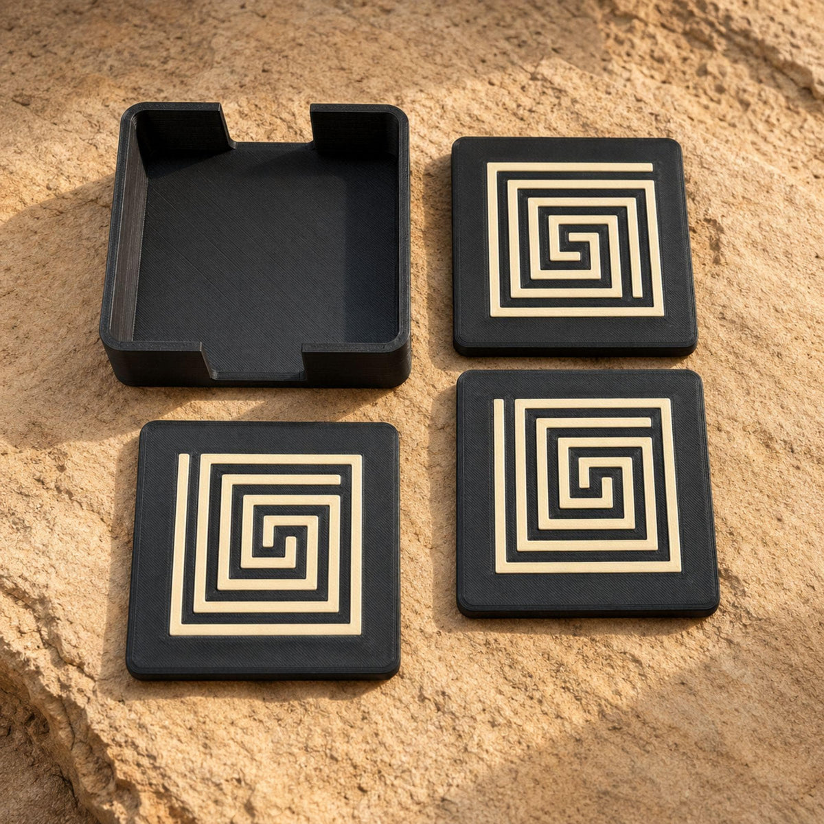 Mayan Labyrinth Accent Duo | Geometric Tray, Coaster Set & Holder | Mesoamerican Coffee Table Decor Gift
