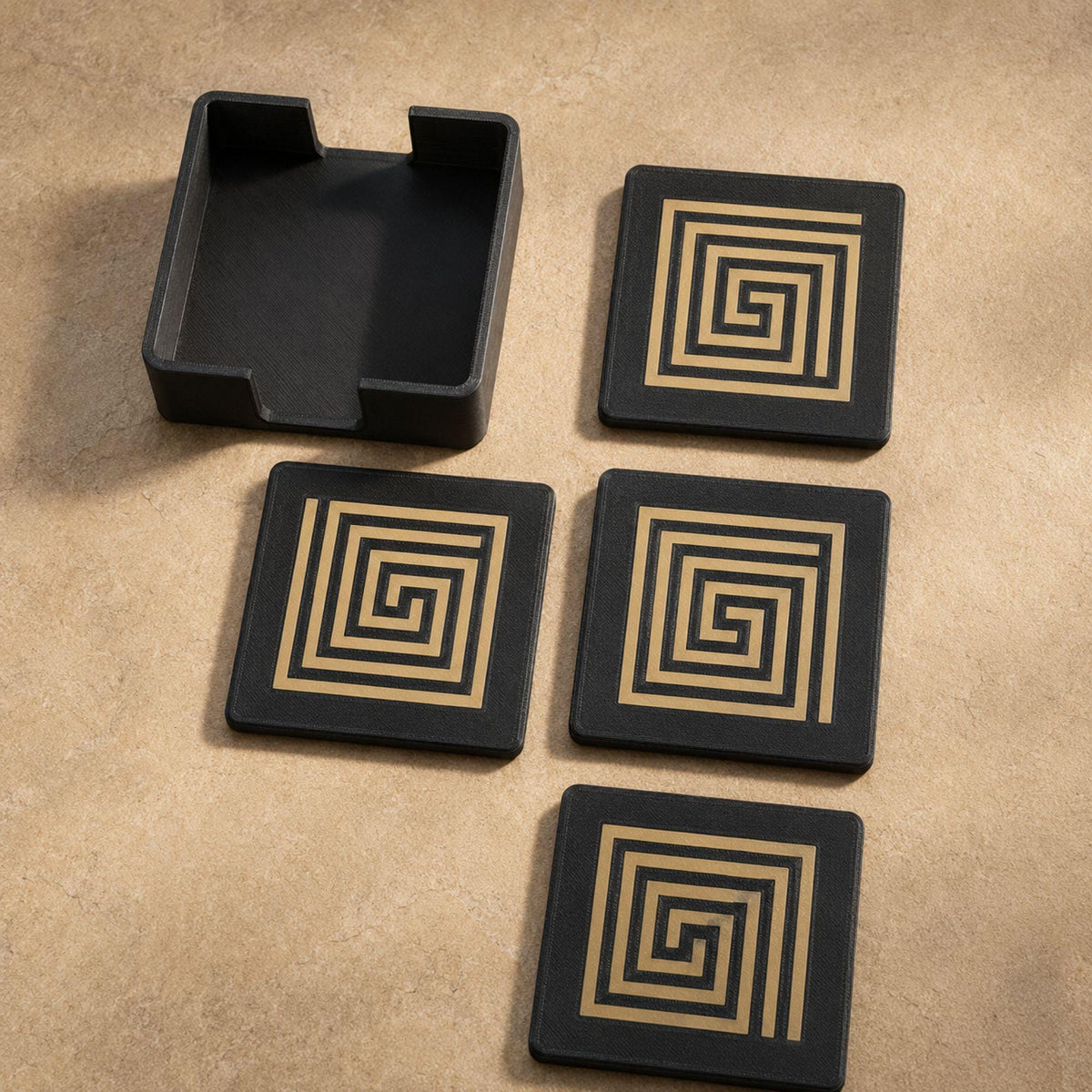 Mayan Labyrinth Accent Duo | Geometric Tray, Coaster Set & Holder | Mesoamerican Coffee Table Decor Gift