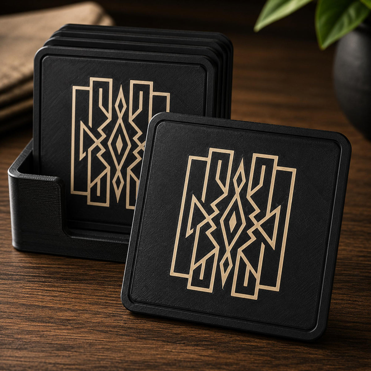 Art Deco Coaster Set with Holder | Geometric Drink Coasters | Black & Tan Table Coasters | Coffee Table Decor | Set of 4 or 6