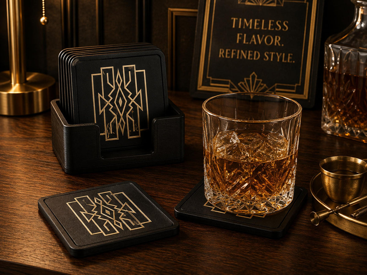 Art Deco Coaster Set with Holder | Geometric Drink Coasters | Black & Tan Table Coasters | Coffee Table Decor | Set of 4 or 6
