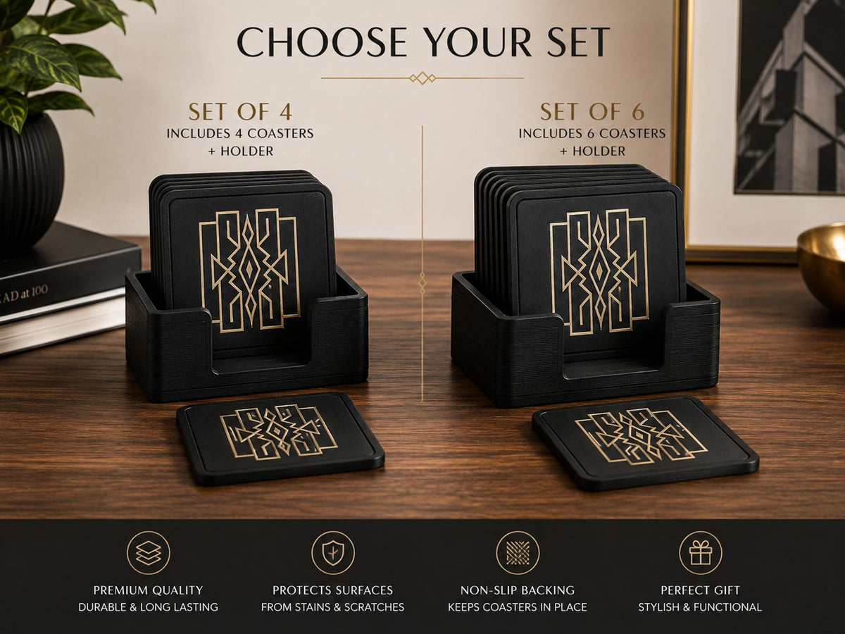 Art Deco Coaster Set with Holder | Geometric Drink Coasters | Black & Tan Table Coasters | Coffee Table Decor | Set of 4 or 6