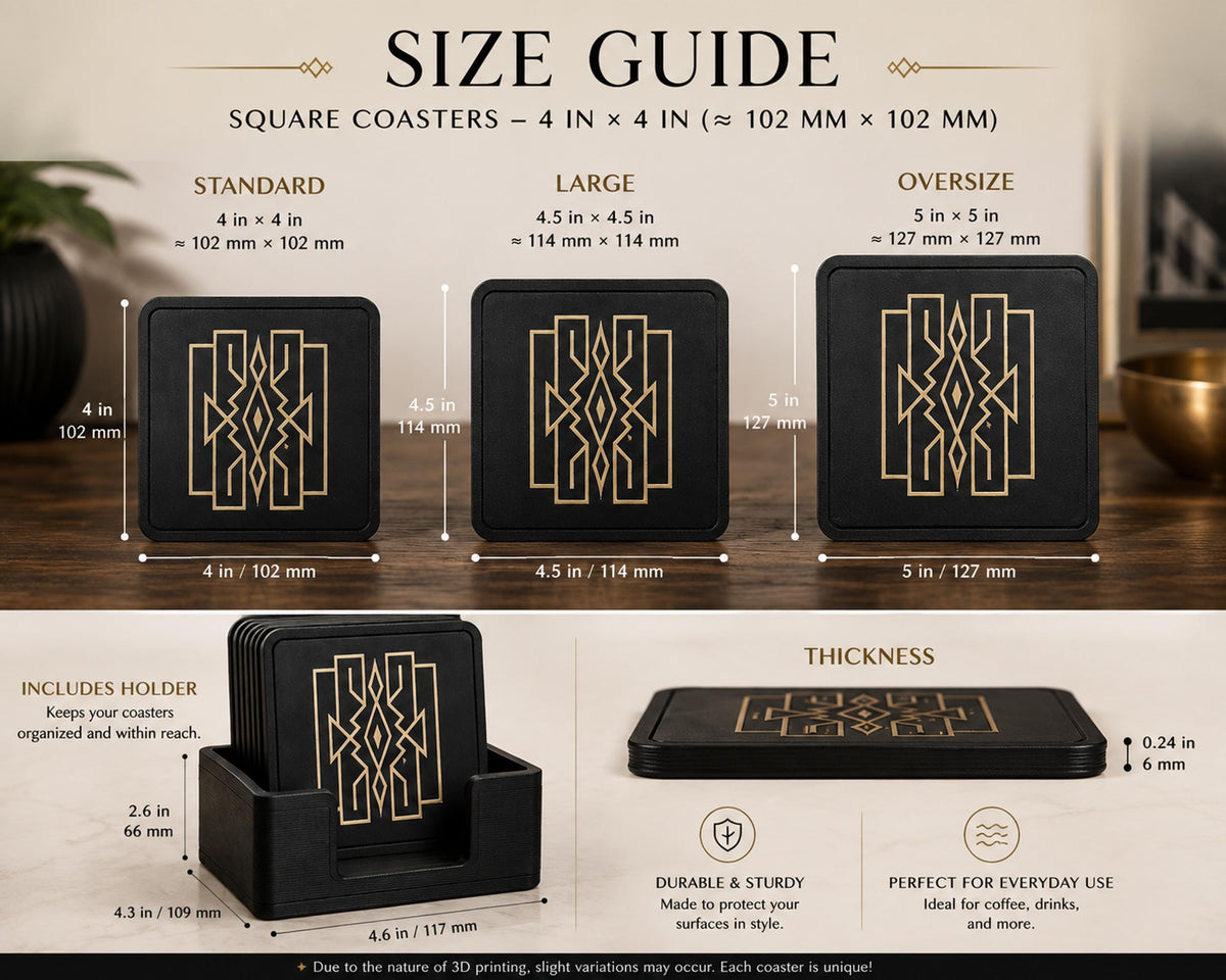 Art Deco Coaster Set with Holder | Geometric Drink Coasters | Black & Tan Table Coasters | Coffee Table Decor | Set of 4 or 6