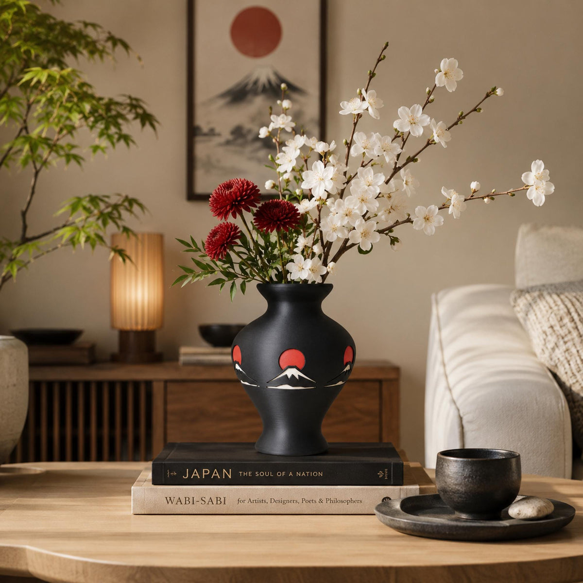 Mount Fuji Vase | Japanese Home Decor | Japandi Decorative Vase | Black & Red Table Vase | Shelf and Coffee Table Accent