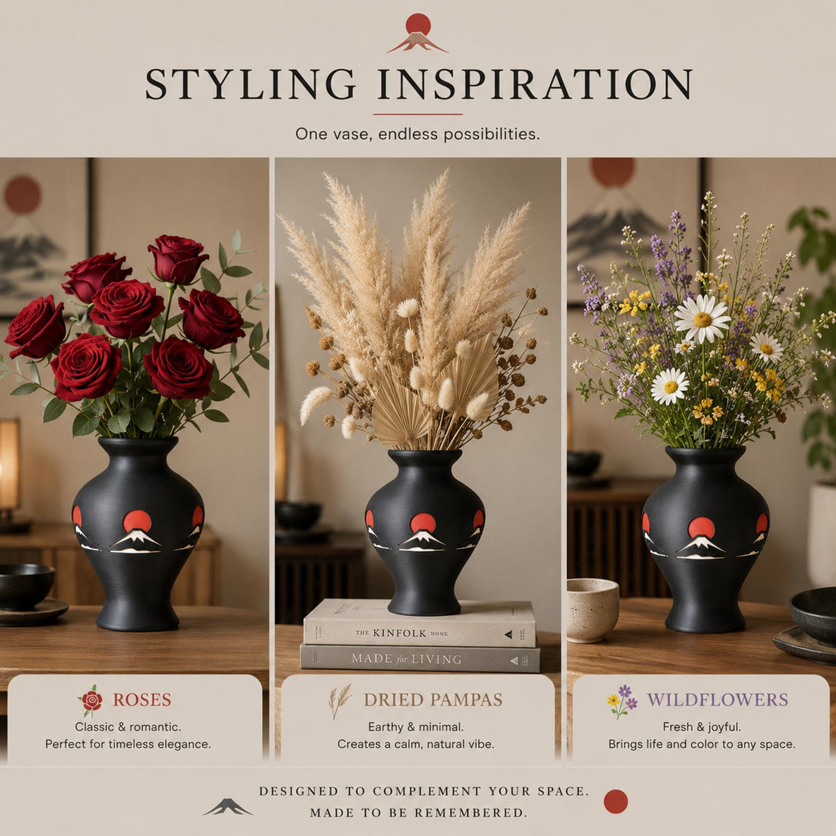 Mount Fuji Vase | Japanese Home Decor | Japandi Decorative Vase | Black & Red Table Vase | Shelf and Coffee Table Accent
