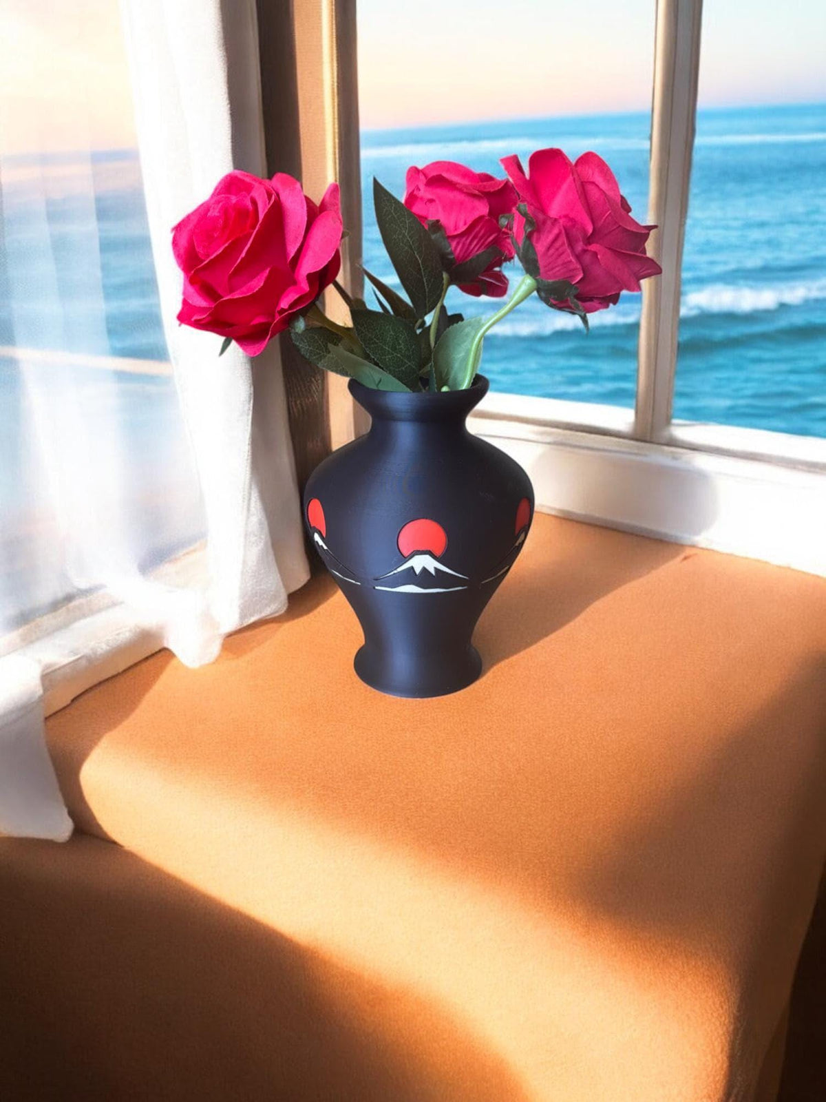 Mount Fuji Vase | Japanese Home Decor | Japandi Decorative Vase | Black & Red Table Vase | Shelf and Coffee Table Accent
