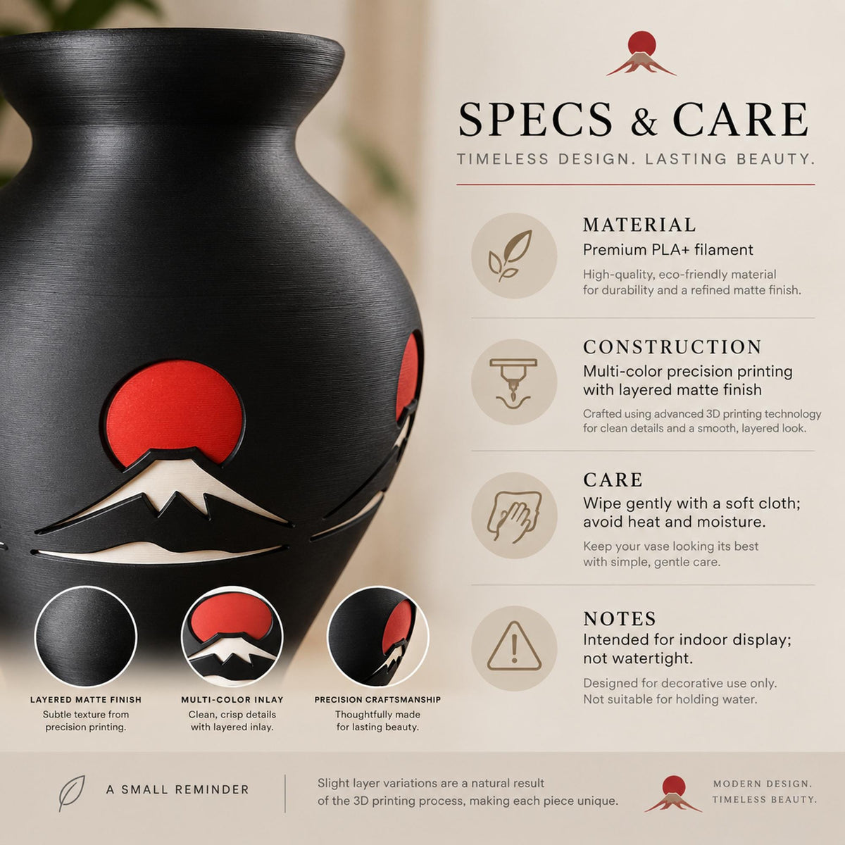 Mount Fuji Vase | Japanese Home Decor | Japandi Decorative Vase | Black & Red Table Vase | Shelf and Coffee Table Accent