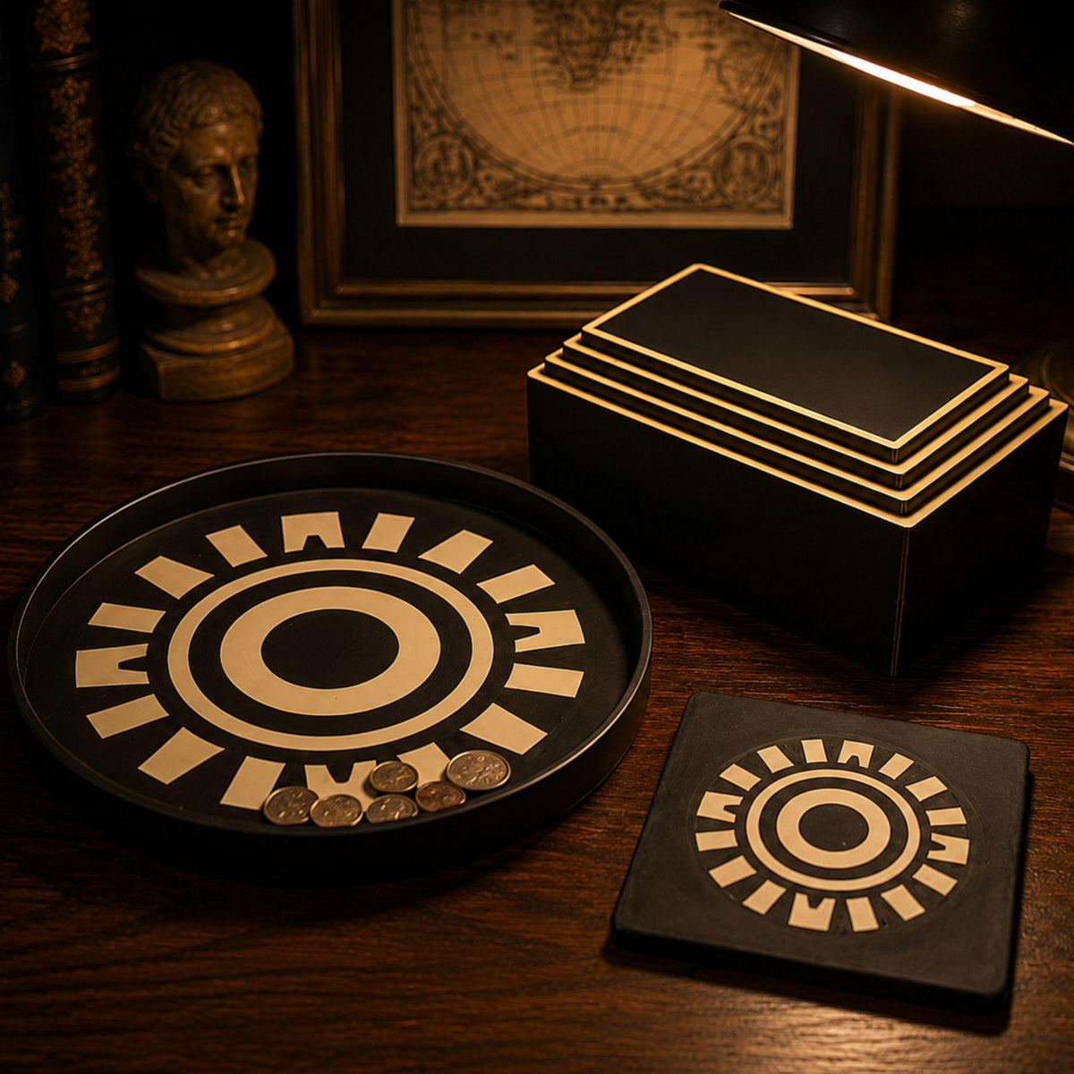 Art Deco Desk Organizer Set | Rectangular Pyramid Box, Starburst Coasters & Round Sunburst Tray | Executive Office Gift