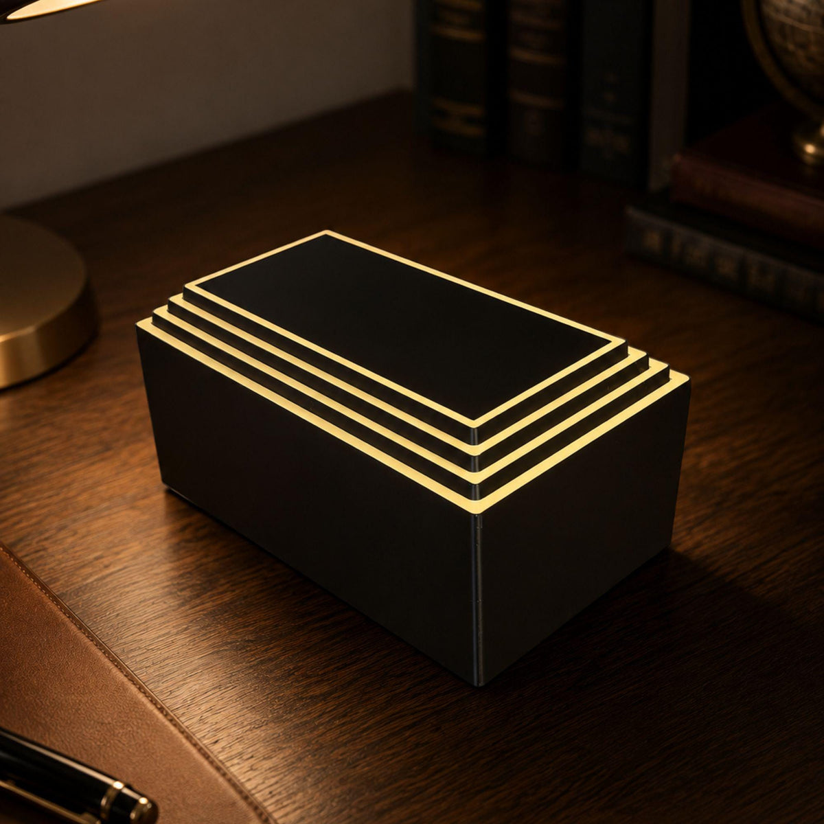 Art Deco Desk Organizer Set | Rectangular Pyramid Box, Starburst Coasters & Round Sunburst Tray | Executive Office Gift