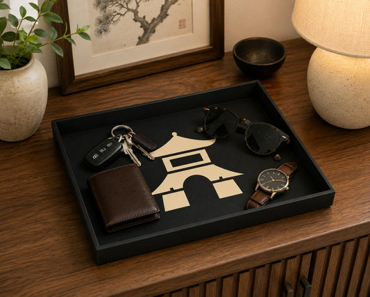 Pagoda Decorative Tray | Japanese Catchall Tray | Entryway Key Tray and Coffee Table Decor | Black & Tan | 3 Sizes