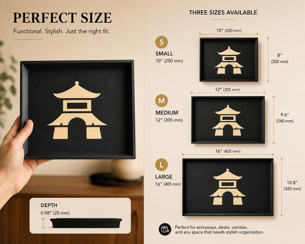 Pagoda Decorative Tray | Japanese Catchall Tray | Entryway Key Tray and Coffee Table Decor | Black & Tan | 3 Sizes
