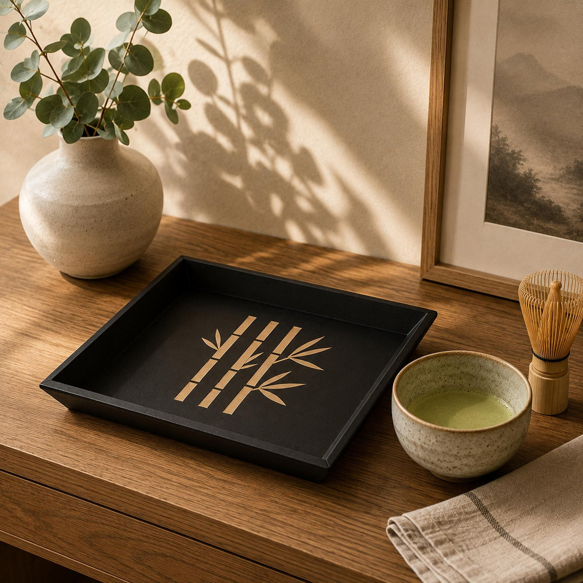 Bamboo Decorative Tray | Japanese Catchall Tray| Entryway Key Tray and Coffee Table Accent | Black & Tan | 3 Sizes