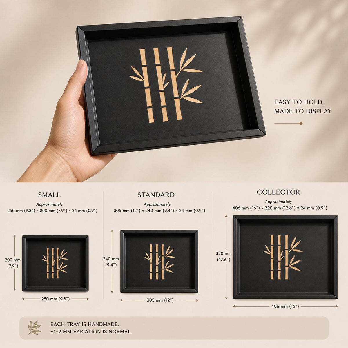 Bamboo Decorative Tray | Japanese Catchall Tray| Entryway Key Tray and Coffee Table Accent | Black & Tan | 3 Sizes