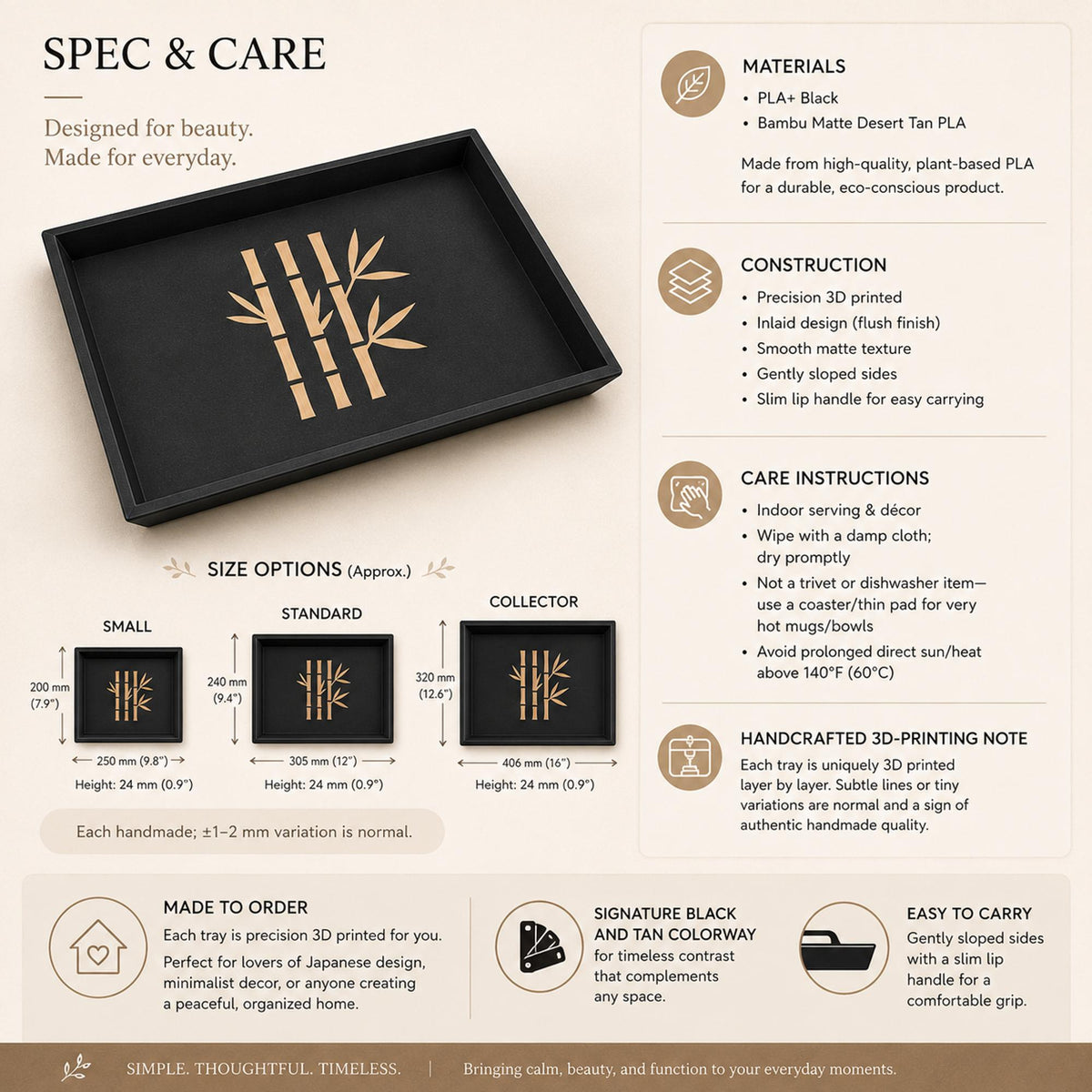 Bamboo Decorative Tray | Japanese Catchall Tray| Entryway Key Tray and Coffee Table Accent | Black & Tan | 3 Sizes