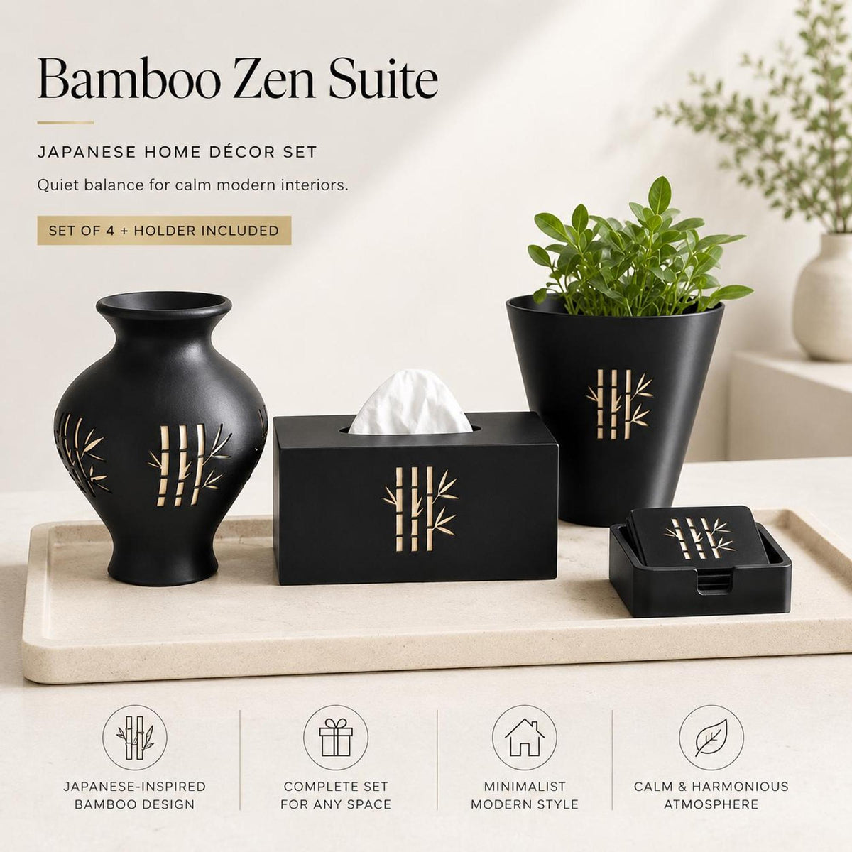 Japanese Home Decor Set | Bamboo Vase, Cachepot, Tissue Box & Coasters | Japandi Gift