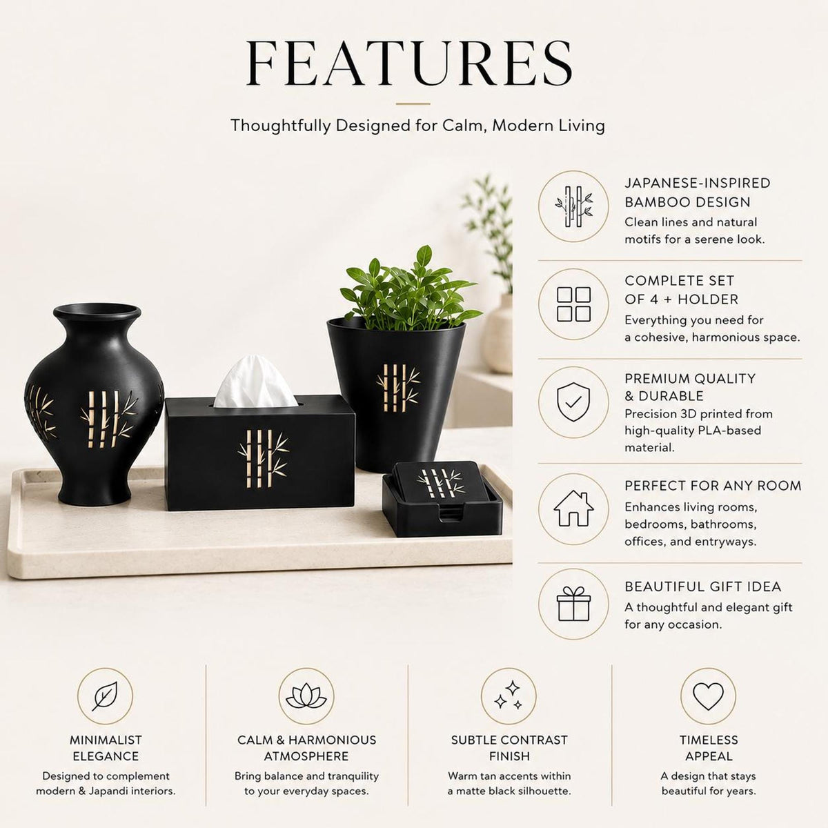 Japanese Home Decor Set | Bamboo Vase, Cachepot, Tissue Box & Coasters | Japandi Gift