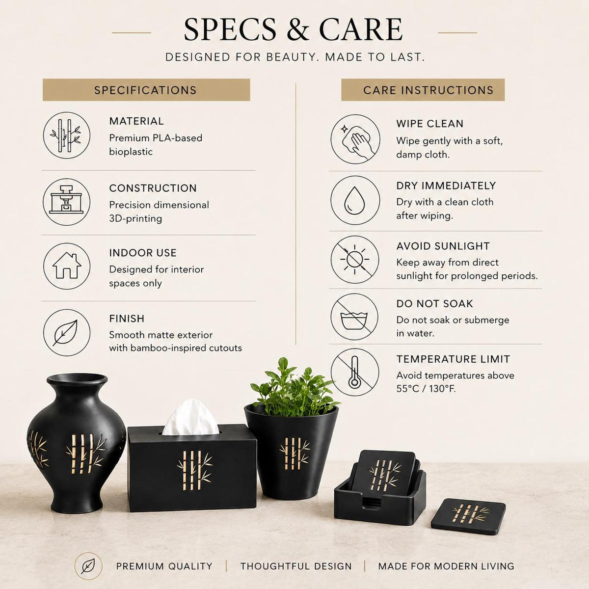 Japanese Home Decor Set | Bamboo Vase, Cachepot, Tissue Box & Coasters | Japandi Gift