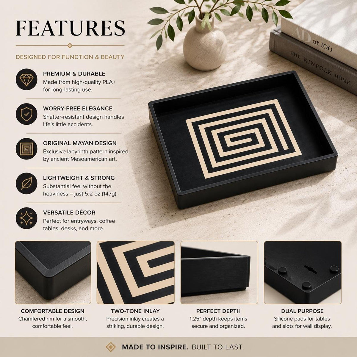 Decorative Catchall Tray | Art Deco Coffee Table Decor | Mayan Geometric Design