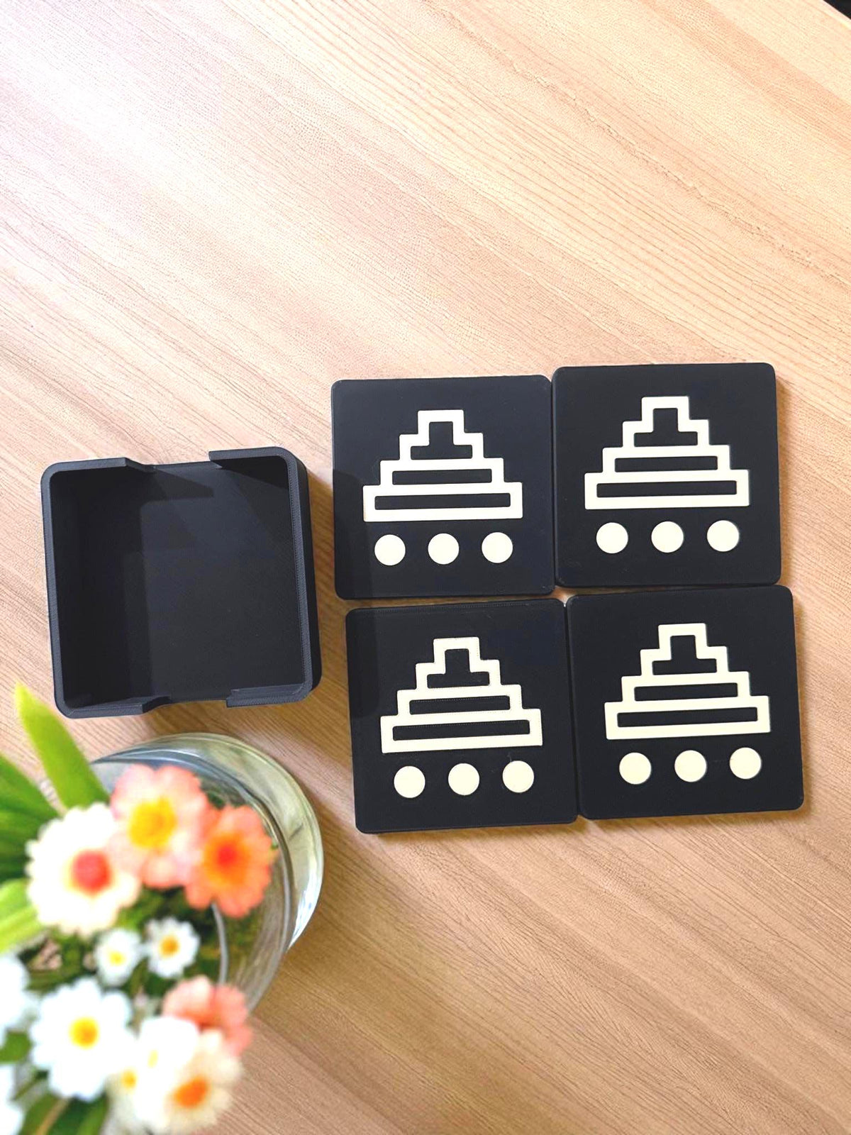 Stepped Pyramid Coaster Set | Mesoamerican Drink Coasters with Holder | Coffee Table Decor & Table Centerpiece