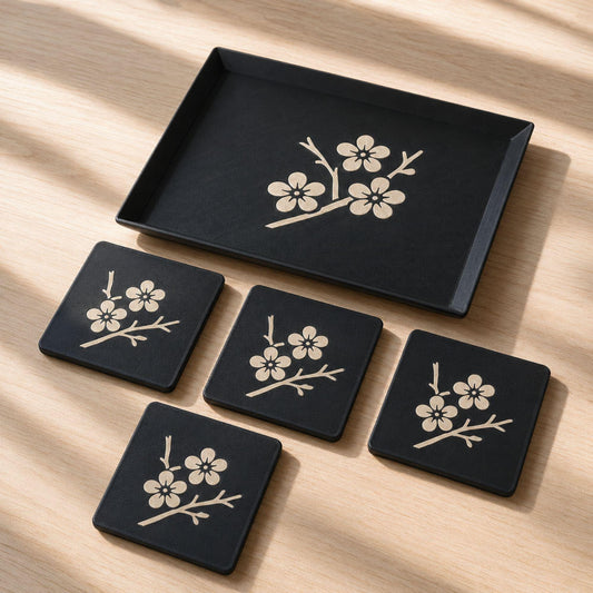 Sakura Path Duo | Cherry Blossom Tray & Coaster Set | Japanese Zen Coffee Table Decor Gift
