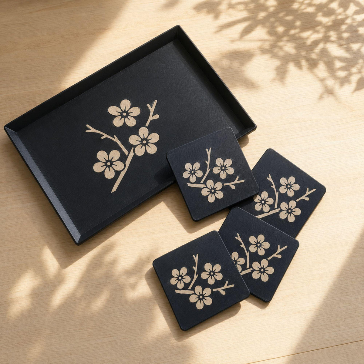 Sakura Path Duo | Cherry Blossom Tray & Coaster Set | Japanese Zen Coffee Table Decor Gift