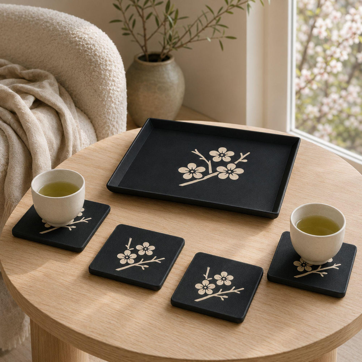 Sakura Path Duo | Cherry Blossom Tray & Coaster Set | Japanese Zen Coffee Table Decor Gift