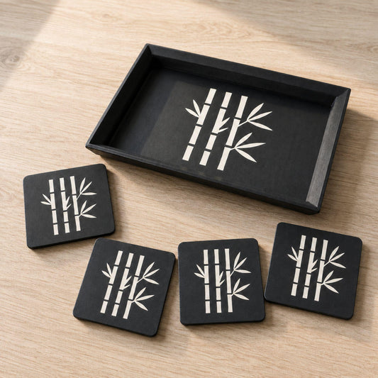Bamboo Accent Duo | Bamboo Decorative Tray & Coaster Set | Japanese Zen Japandi Coffee Table Decor Gift