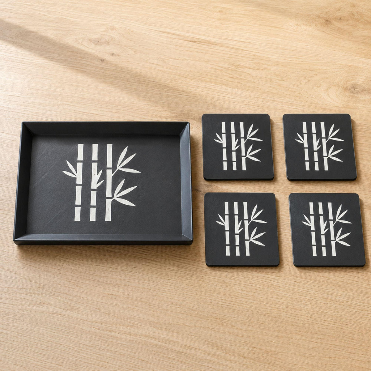 Bamboo Accent Duo | Bamboo Decorative Tray & Coaster Set | Japanese Zen Japandi Coffee Table Decor Gift