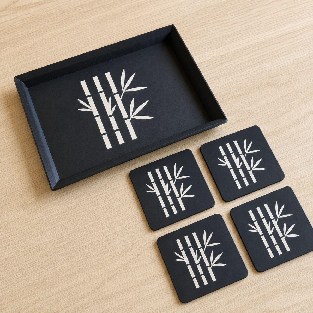 Bamboo Accent Duo | Bamboo Decorative Tray & Coaster Set | Japanese Zen Japandi Coffee Table Decor Gift