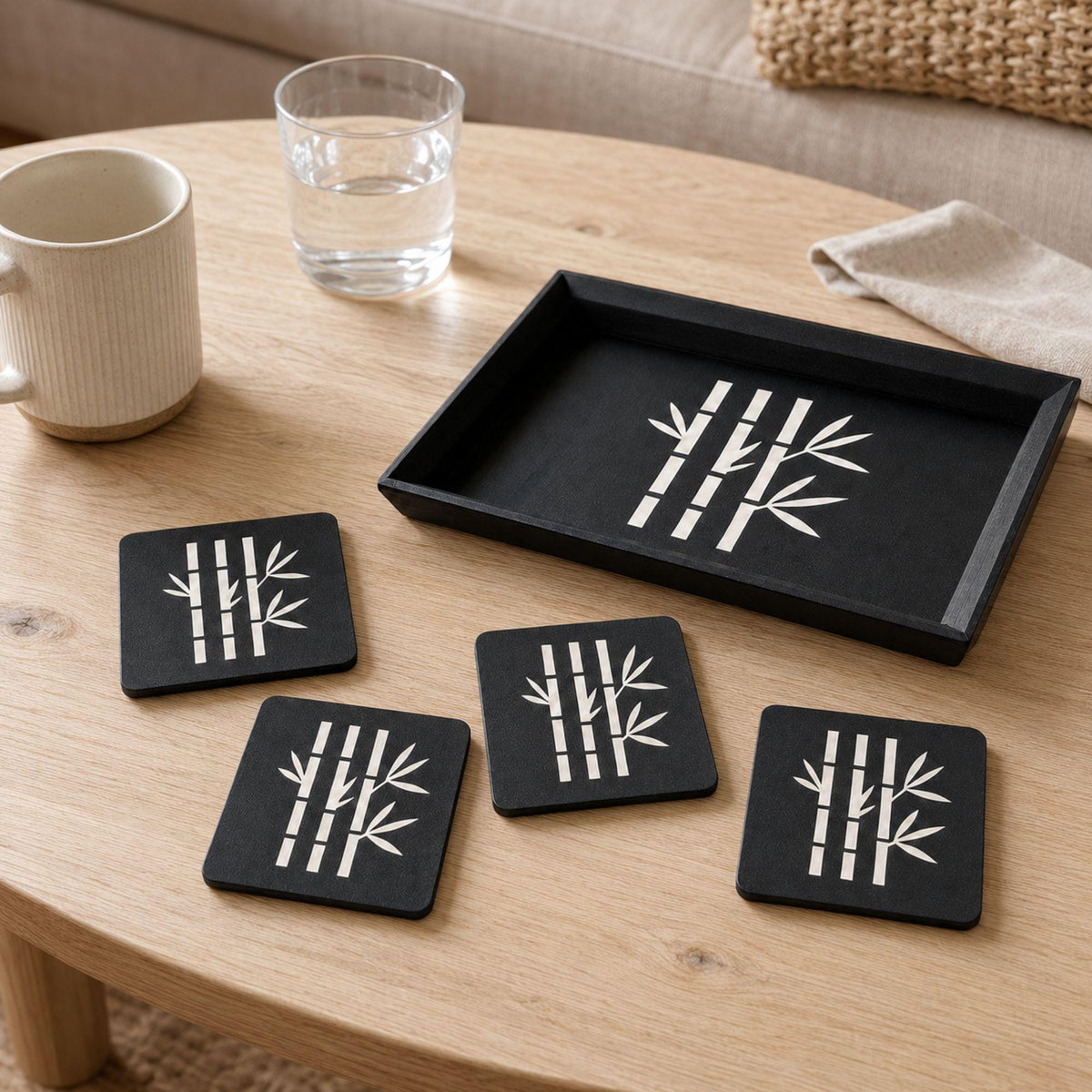 Bamboo Accent Duo | Bamboo Decorative Tray & Coaster Set | Japanese Zen Japandi Coffee Table Decor Gift
