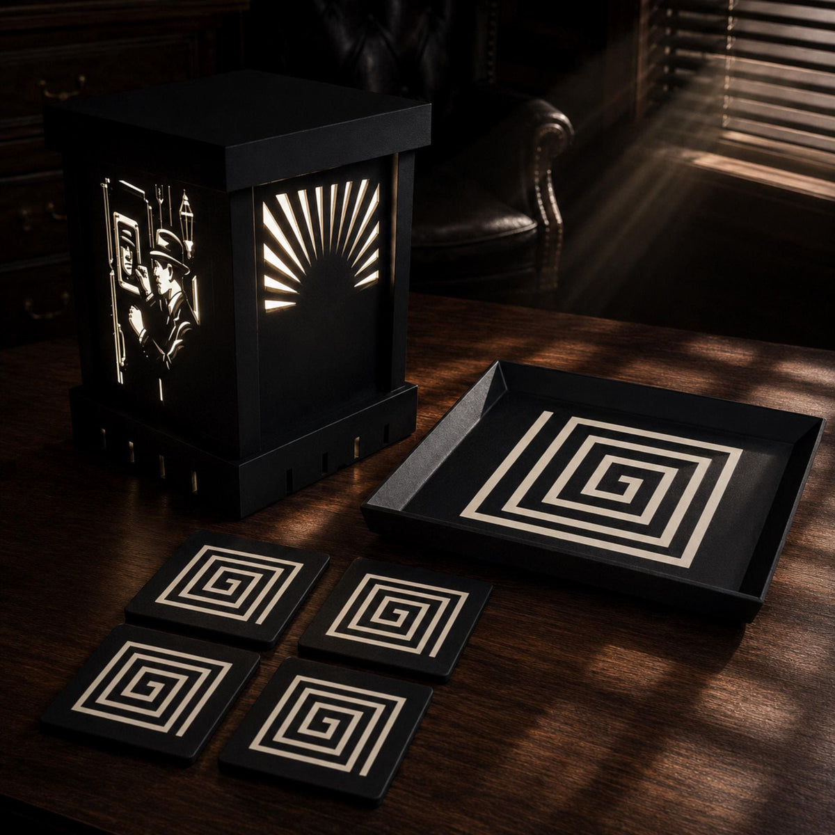 Noir Detective Study Set | Art Deco Noir Table Light, Labyrinth Tray & Spiral Coasters | Film Noir Office Decor Gift