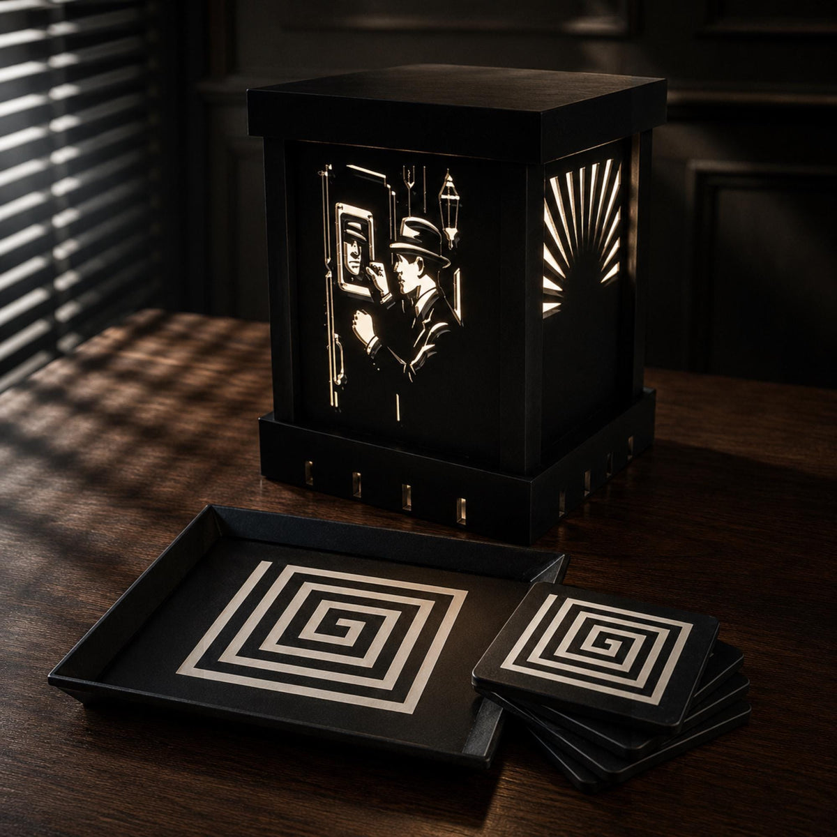 Noir Detective Study Set | Art Deco Noir Table Light, Labyrinth Tray & Spiral Coasters | Film Noir Office Decor Gift