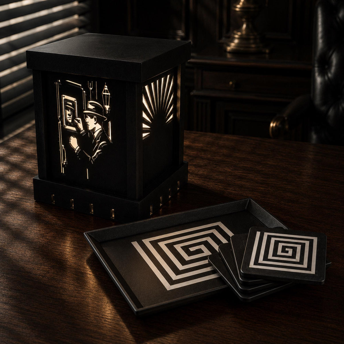 Noir Detective Study Set | Art Deco Noir Table Light, Labyrinth Tray & Spiral Coasters | Film Noir Office Decor Gift