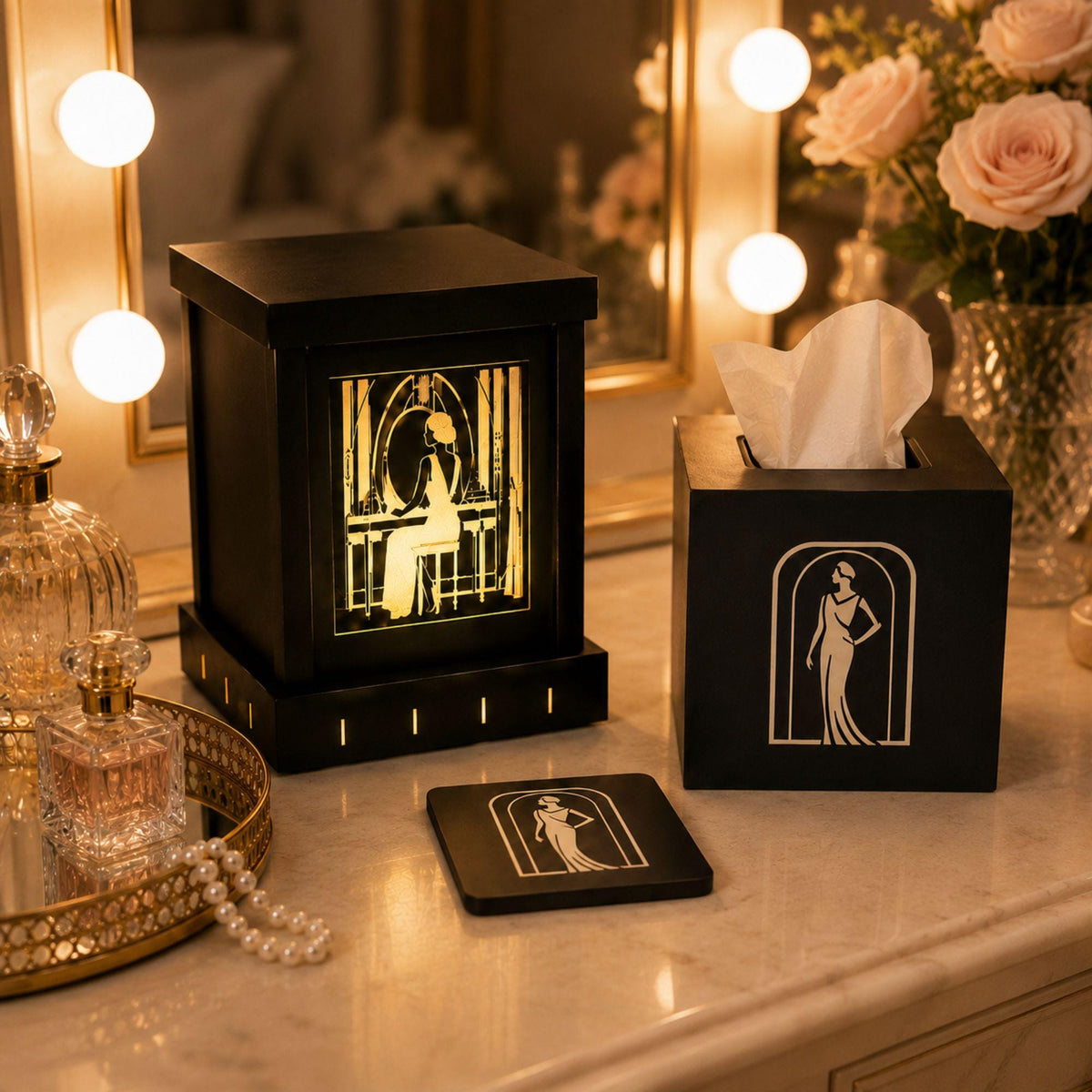 Boudoir Vanity Set | Art Deco Vanity Lamp, Tissue Box Cover & Lady in Black Coaster | Glam Dressing Table Decor Gift