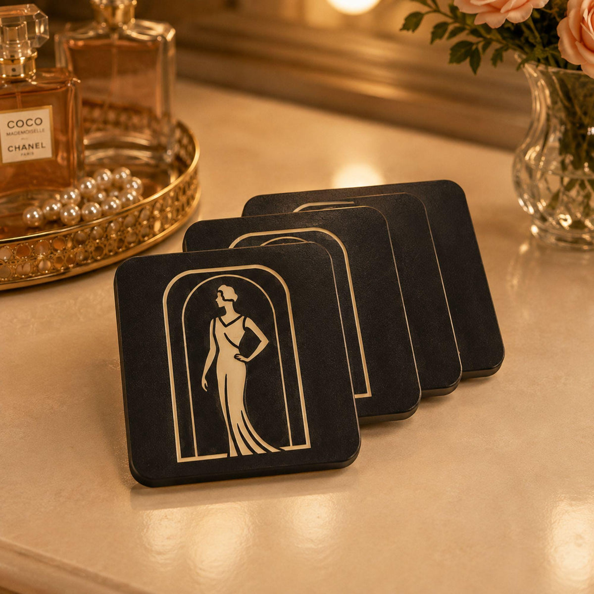 Boudoir Vanity Set | Art Deco Vanity Lamp, Tissue Box Cover & Lady in Black Coaster | Glam Dressing Table Decor Gift